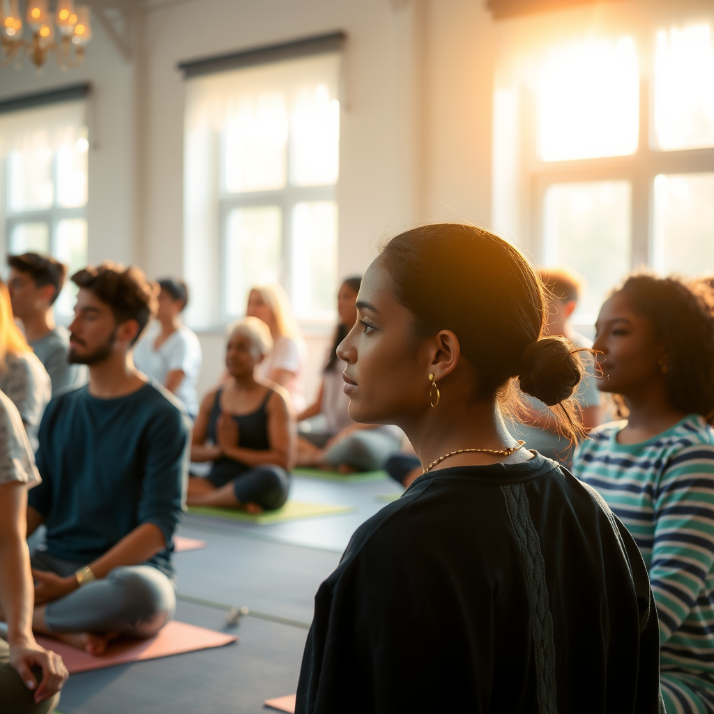 Peaceful meditation gathering showing diverse individuals in serene contemplation, soft golden lighting filtering through windows, creating warm and inviting spiritual atmosphere