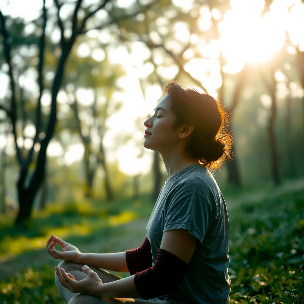 Person meditating peacefully in serene natural setting with soft morning light filtering through trees, symbolizing inner peace and spiritual resilience