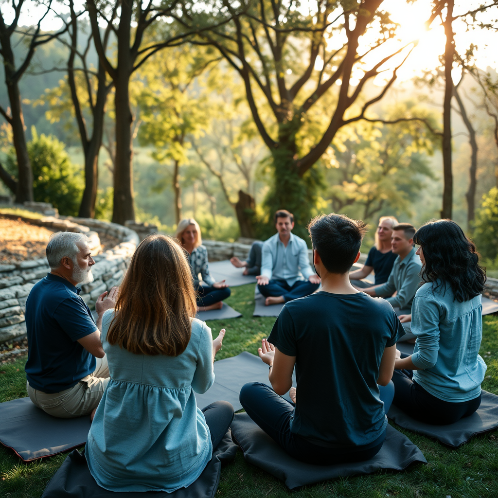 Group of diverse people sitting in a circle meditating together in a peaceful natural setting with soft morning light filtering through trees