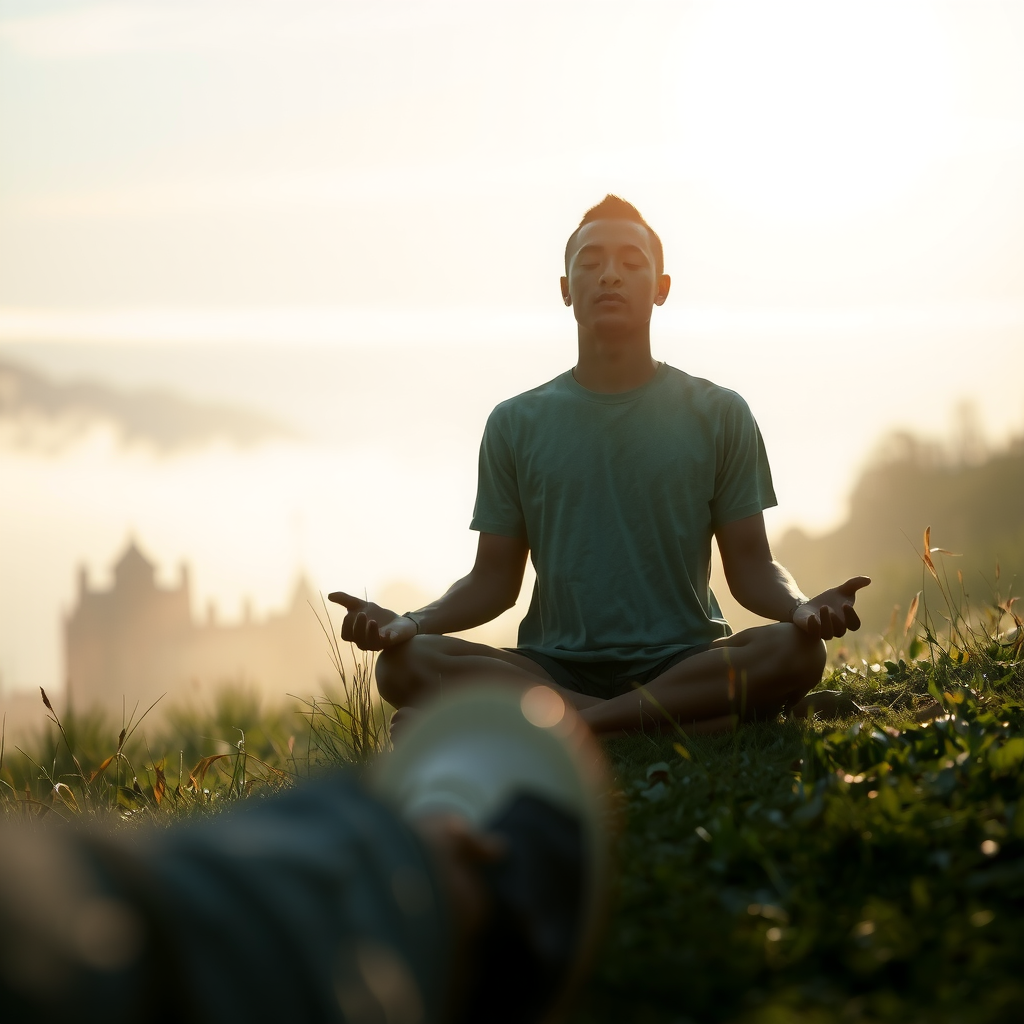 Person meditating peacefully in nature surrounded by soft morning light with gentle mist rising from the ground, symbolizing inner peace and spiritual practice