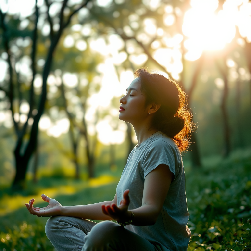 Person meditating peacefully in serene natural setting with soft morning light filtering through trees, embodying inner calm and spiritual practice