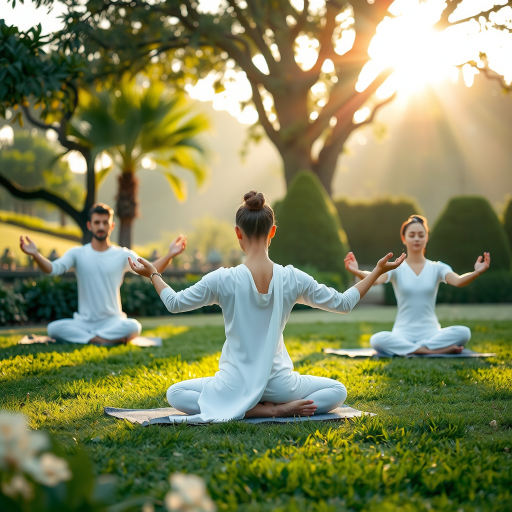 Serene image depicting Vo Vi spiritual energy work with practitioners in white clothing performing meditation movements in peaceful garden setting with morning sunlight filtering through trees