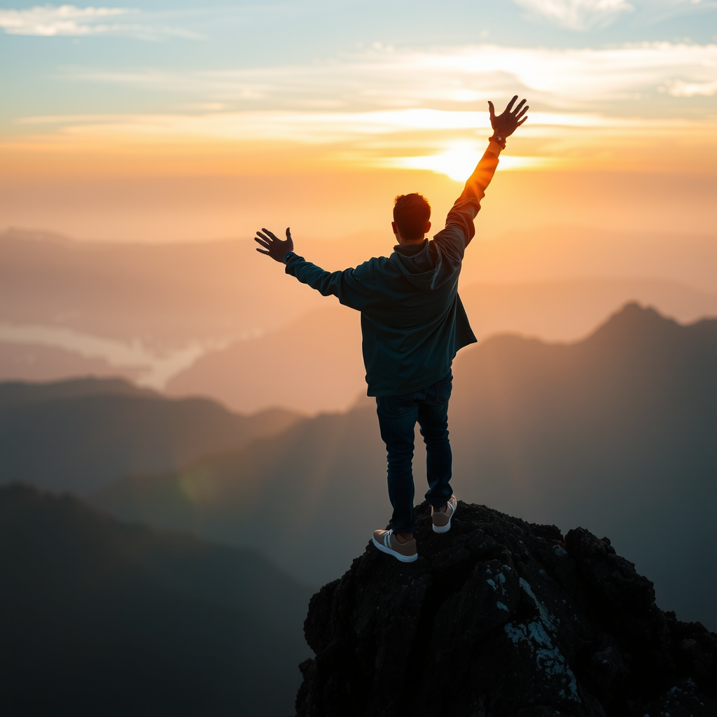Person standing strong on a mountain peak at sunrise, arms raised in triumph, symbolizing overcoming challenges and building emotional resilience through spiritual strength and personal growth journey