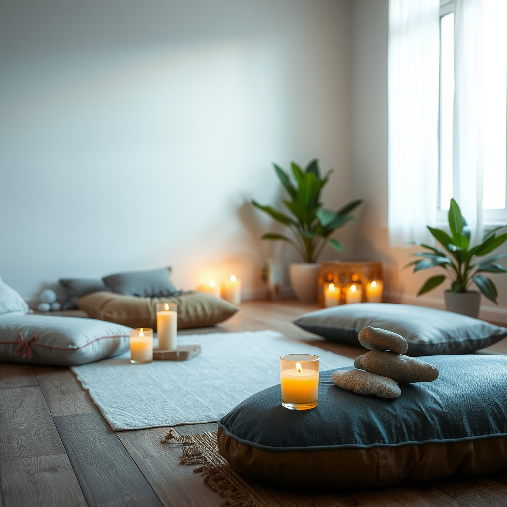 Tranquil meditation space with comfortable cushions, soft lighting from candles, natural elements like plants and stones, creating a peaceful sanctuary for spiritual practice
