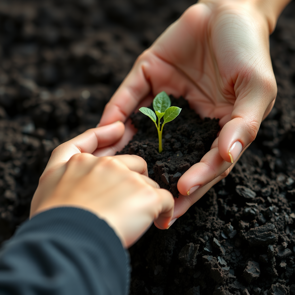 Hands gently holding a small plant seedling emerging from rich soil, representing the nurturing of inner growth and the cultivation of resilience through patient spiritual practice