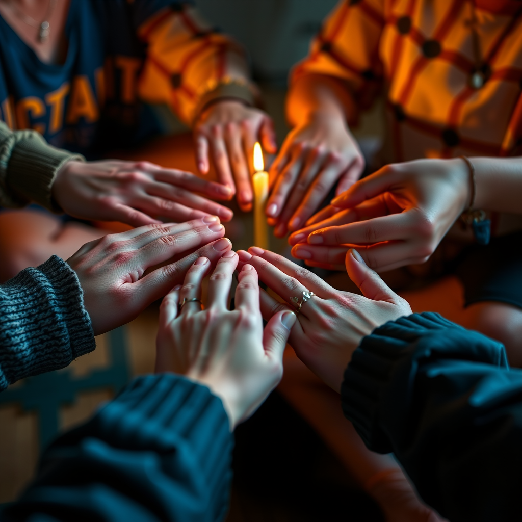 Close-up of hands joined together in a circle with warm candlelight illuminating faces showing peaceful expressions during group meditation