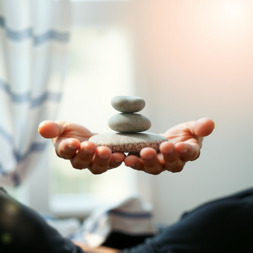 Calm hands holding a smooth stone in meditation pose with soft natural lighting and peaceful atmosphere, representing grounding and centering practices