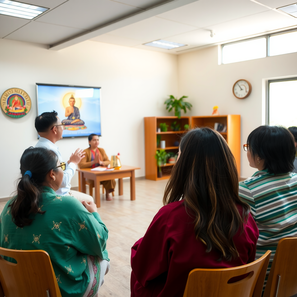 Educational workshop at Vo Vi Friendship Association showing instructor teaching spiritual concepts to engaged students in bright, welcoming classroom with spiritual artwork and comfortable seating