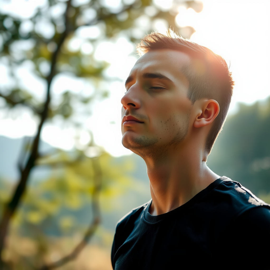 Close-up of a person practicing conscious breathing exercises outdoors, eyes closed in concentration, surrounded by peaceful natural environment with soft natural lighting