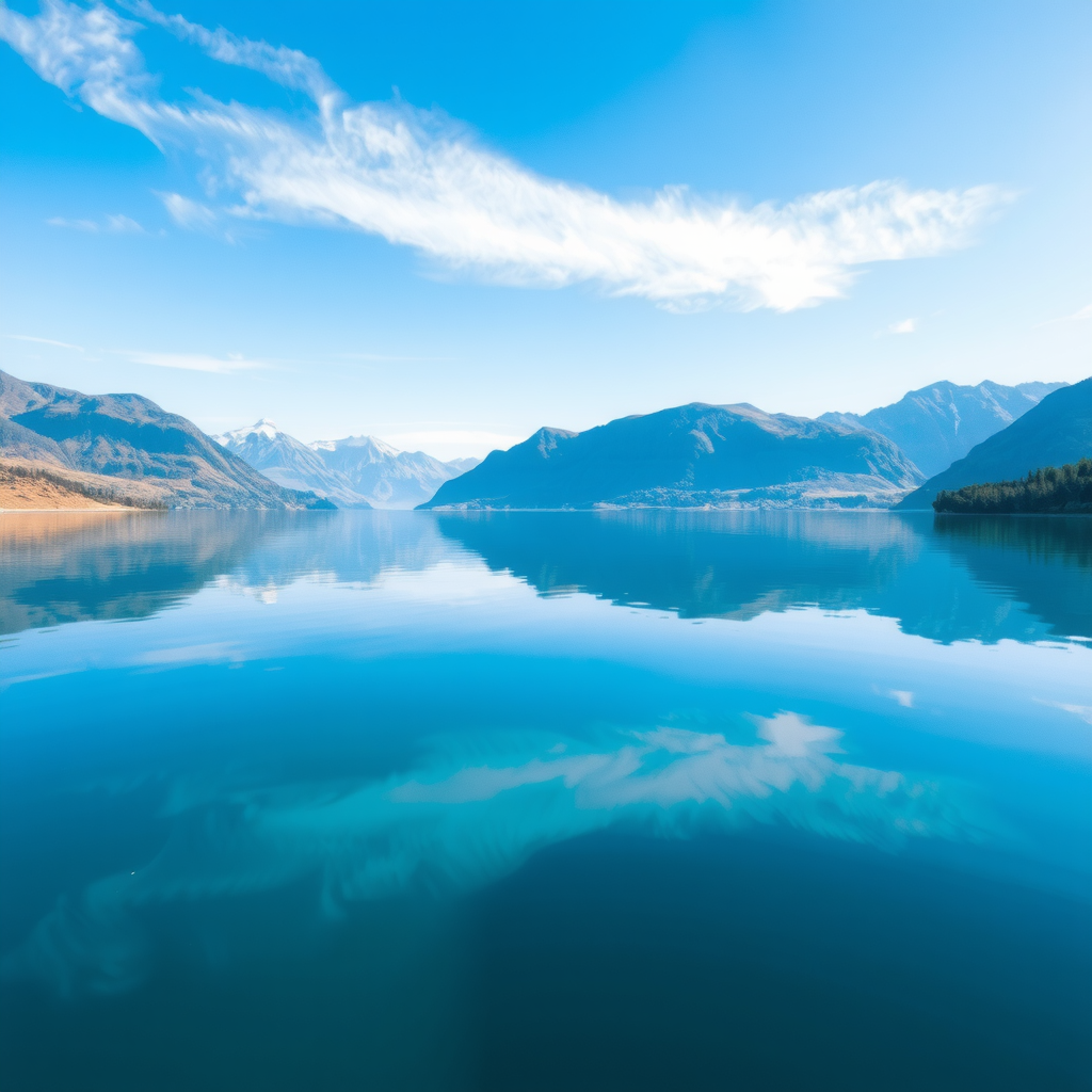 Perfectly still lake reflecting clear blue sky and distant mountains, representing the mental clarity and inner peace achieved through consistent spiritual practice and mindful breathing
