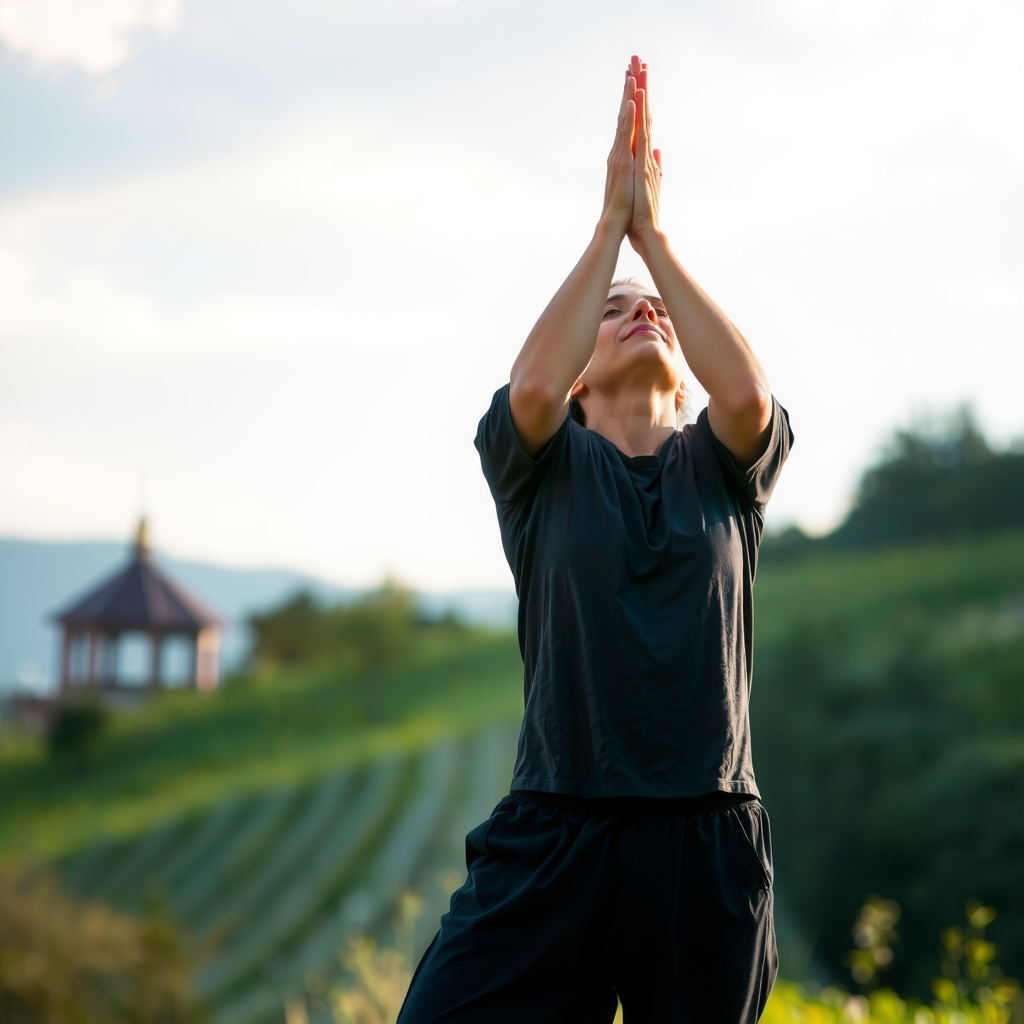 Person practicing mindful movement or yoga in peaceful outdoor setting, demonstrating embodied presence and spiritual practice