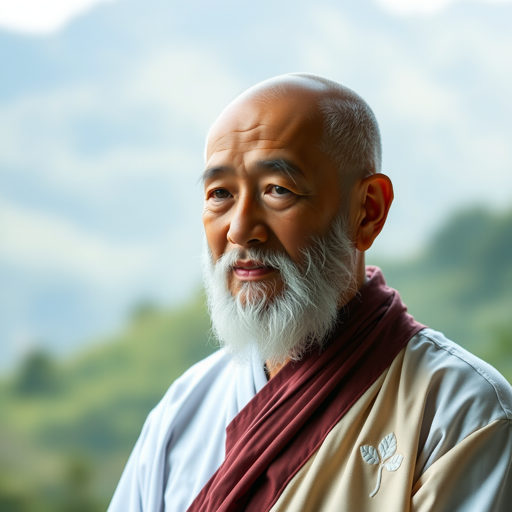 Portrait of senior Vo Vi master teacher with serene expression, wearing traditional white meditation clothing, photographed in natural lighting with peaceful background