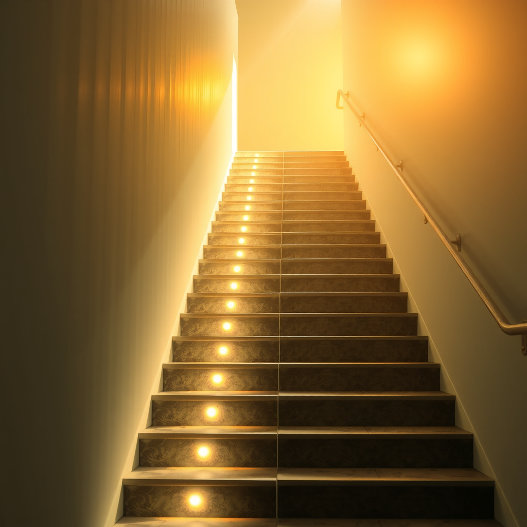 Ascending stairway illuminated by soft golden light, representing spiritual journey and progress, with symbolic markers showing growth stages, enhanced intuition, and deepening compassion along the path of transformation