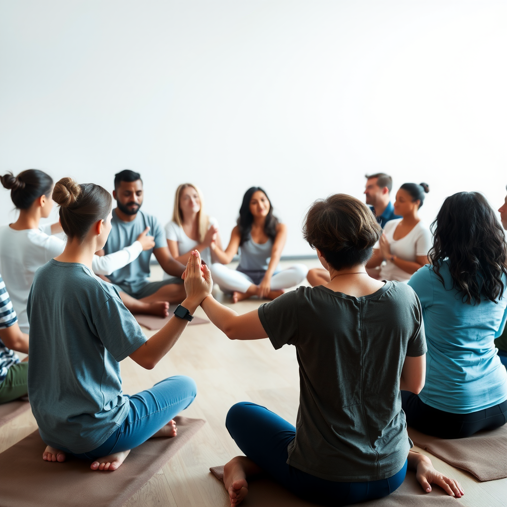 Diverse group of people sitting in a circle holding hands during meditation practice, representing the strength and support found in spiritual community and the power of shared intention