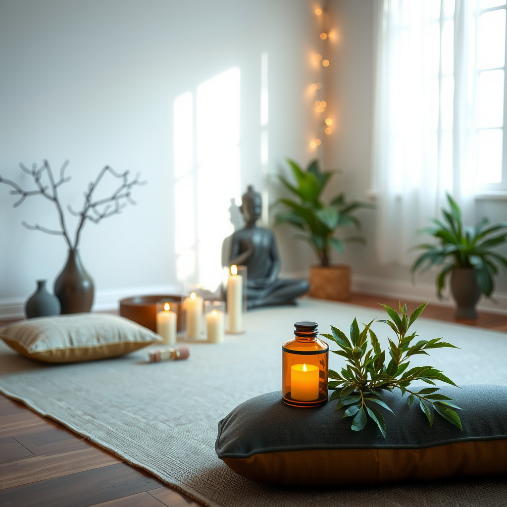 Peaceful meditation space with cushion candles and natural elements creating sacred atmosphere for practice, showing dedicated space for spiritual development