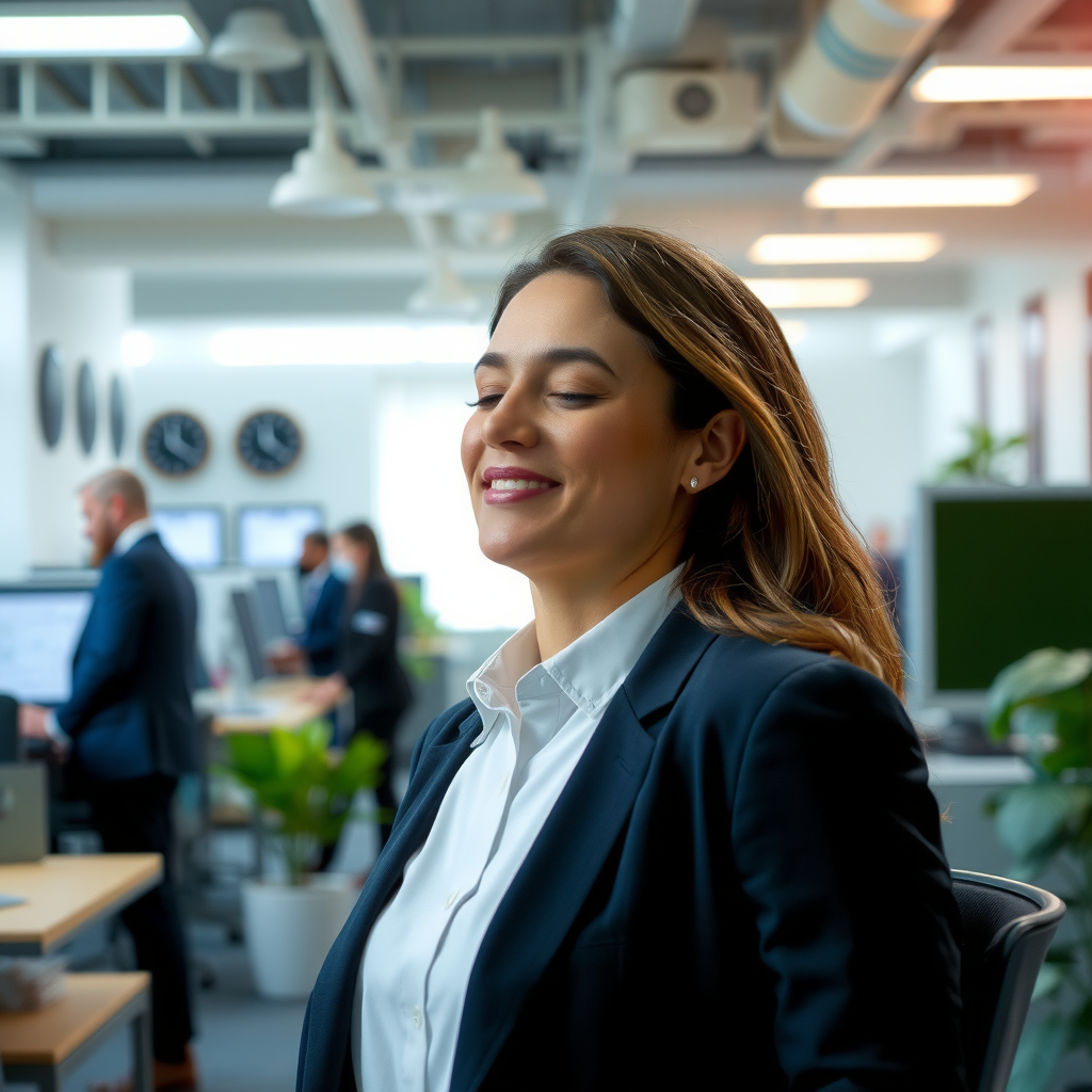 Calm professional taking mindful pause in busy office environment demonstrating centered presence, showing practical application of spiritual principles in daily life