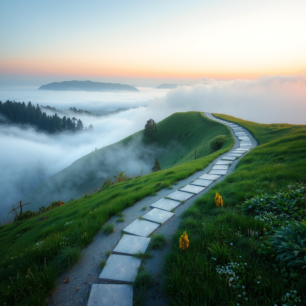 Winding path through beautiful landscape with morning mist symbolizing the ongoing spiritual journey and transformation